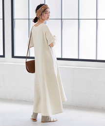 【極美品】アダムエロペ　Vネックスリット　ロングワンピース リネン レーヨン 白 美品 アダムエロペ Vネックスリット ロングワンピース 白