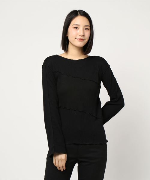 STYLEBLOCK(スタイルブロック)の「ワイドリブメローカットソートップス(Tシャツ/カットソー・レディース・ブラック/ベージュ/アイボリー/ミント・M)」の2枚目の写真