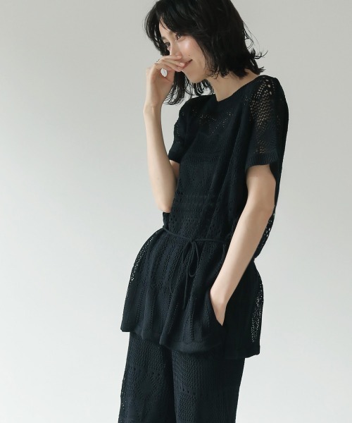 Bou Jeloud（ブージュルード）の「クロシェニットパンツセットアップ/サマーニットチュニック/ワイドパンツ/プルオーバーSETUP（チュニック・レディース・ベージュ/ブラック/ブラウン・FREE）」の2枚目の写真