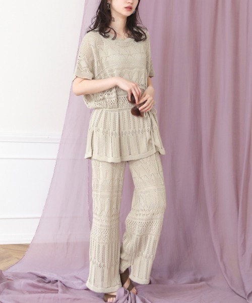 Bou Jeloud（ブージュルード）の「クロシェニットパンツセットアップ/サマーニットチュニック/ワイドパンツ/プルオーバーSETUP（チュニック・レディース・ベージュ/ブラック/ブラウン・FREE）」の7枚目の写真