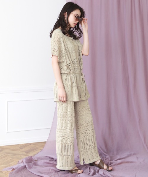 Bou Jeloud（ブージュルード）の「クロシェニットパンツセットアップ/サマーニットチュニック/ワイドパンツ/プルオーバーSETUP（チュニック・レディース・ベージュ/ブラック/ブラウン・FREE）」の13枚目の写真