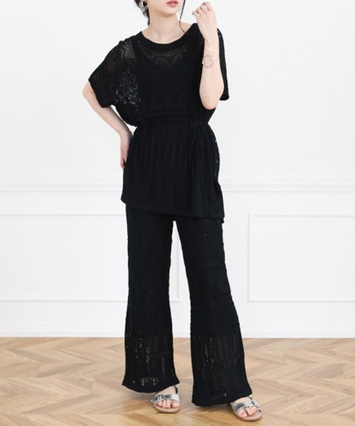 Bou Jeloud（ブージュルード）の「クロシェニットパンツセットアップ/サマーニットチュニック/ワイドパンツ/プルオーバーSETUP（チュニック・レディース・ベージュ/ブラック/ブラウン・FREE）」の6枚目の写真