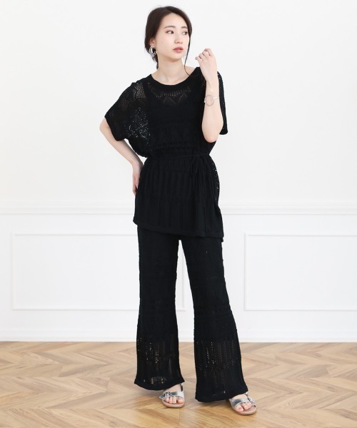 Bou Jeloud（ブージュルード）の「クロシェニットパンツセットアップ/サマーニットチュニック/ワイドパンツ/プルオーバーSETUP（チュニック・レディース・ベージュ/ブラック/ブラウン・FREE）」の5枚目の写真