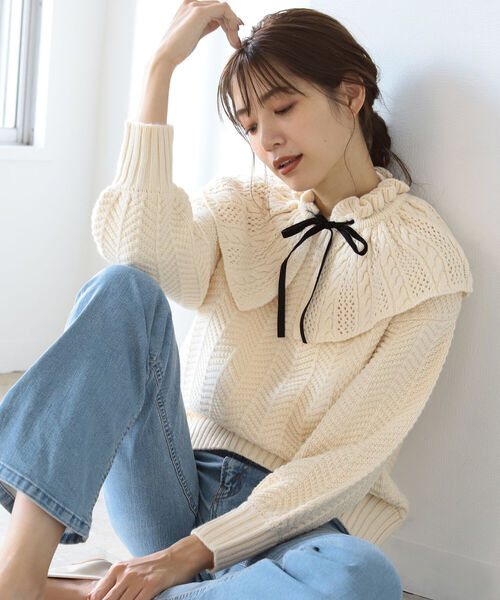 B:MING by BEAMS（ビーミングバイビームス）の「B:MING by BEAMS / 襟付 フリル ニット プルオーバー 21AW（ニット/セーター・レディース・ベージュ/オフホワイト/グリーン系・ONE SIZE）」の6枚目の写真