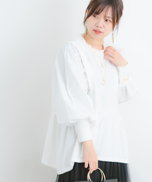 Wordtrobe（ワードトローブ）の「【wordtrobe】空紡糸天竺 布帛切替 ボリュームスリーブ プルオーバー（Tシャツ/カットソー・レディース・ホワイト/チャコールグレー/ベージュ・FREE）」の2枚目の写真