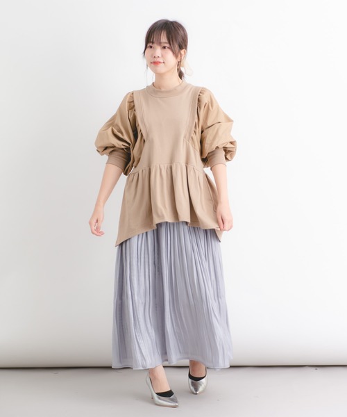 Wordtrobe（ワードトローブ）の「【wordtrobe】空紡糸天竺 布帛切替 ボリュームスリーブ プルオーバー（Tシャツ/カットソー・レディース・ホワイト/チャコールグレー/ベージュ・FREE）」の8枚目の写真