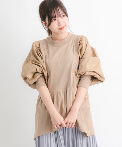 Wordtrobe（ワードトローブ）の「【wordtrobe】空紡糸天竺 布帛切替 ボリュームスリーブ プルオーバー（Tシャツ/カットソー・レディース・ホワイト/チャコールグレー/ベージュ・FREE）」の10枚目の写真