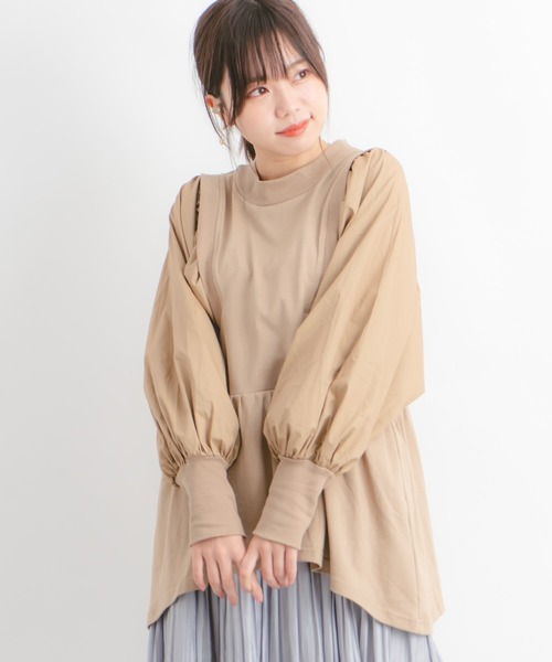 Wordtrobe（ワードトローブ）の「【wordtrobe】空紡糸天竺 布帛切替 ボリュームスリーブ プルオーバー（Tシャツ/カットソー・レディース・ホワイト/チャコールグレー/ベージュ・FREE）」の9枚目の写真