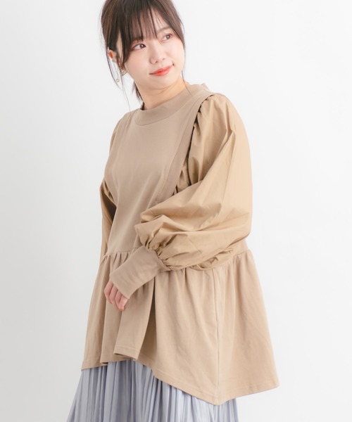 Wordtrobe（ワードトローブ）の「【wordtrobe】空紡糸天竺 布帛切替 ボリュームスリーブ プルオーバー（Tシャツ/カットソー・レディース・ホワイト/チャコールグレー/ベージュ・FREE）」の5枚目の写真