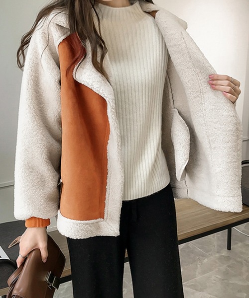 STYLEBLOCK（スタイルブロック）の「ボア×スエード調切替ジャケット（ライダースジャケット・レディース・カーキ/ベージュ系その他・4XL/3XL/L/XL/2XL/S/M）」の2枚目の写真