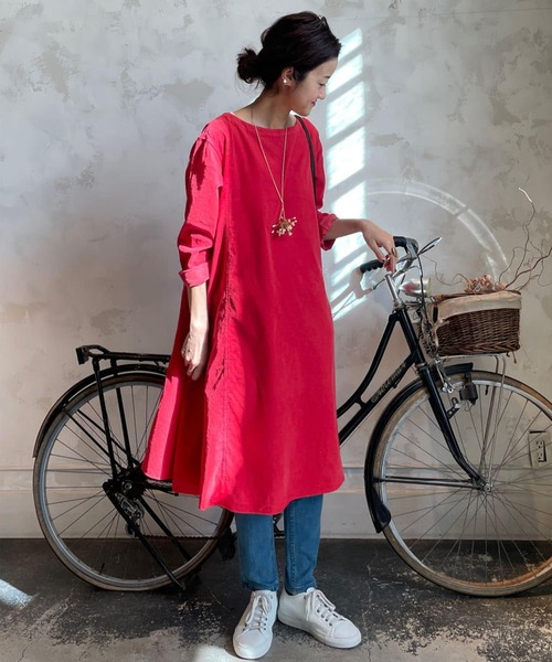 BEARDSLEY（ビアズリー）の「製品染めで発色の綺麗なシャツコールオーバーダイテントワンピース（ワンピース・レディース・レッド/キャメル・1/0）」の7枚目の写真