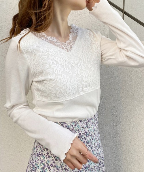 one after another NICE CLAUP(ワンアフターアナザーナイスクラップ)の「前後2wayレースインナー(Tシャツ/カットソー・レディース・アイボリー/サックスブルー/オートミール/グレー・FREE)」の2枚目の写真