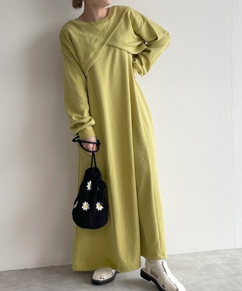 w closet（ダブルクローゼット）の「【マルチウェイ】レイヤードスウェットワンピース（ワンピース・レディース・ライム/アイボリー/スミクロ・FREE）」の3枚目の写真