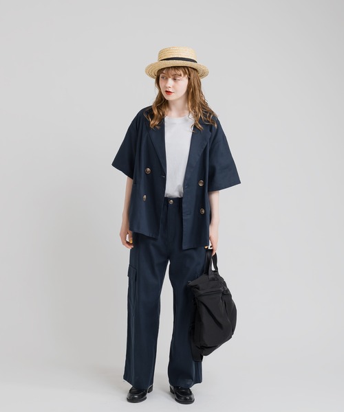 MUHET(ミュエータ)の「リネン混ダブルブレストジャケット(テーラードジャケット・レディース・ネイビー/ブラウン・SMALL/MEDIUM/X-LARGE)」の2枚目の写真