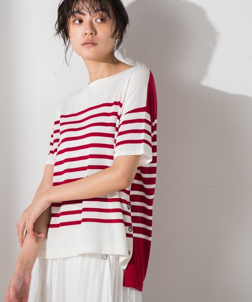 MAYSON GREY(メイソングレイ)の「クレージーボーダーサマーニット≪手洗い可能≫(ニット/セーター・レディース・レッド系その他/ブラック系その他/グリーン系その他・M)」の3枚目の写真
