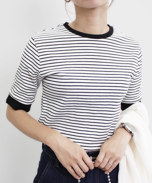 MLI'A(エムリア)の「アソートボーダー半袖トップス(Tシャツ/カットソー・レディース・ホワイト×レッド/ホワイト×グリーン/ホワイト×ブラック/ホワイト×イエロー・M)」の3枚目の写真