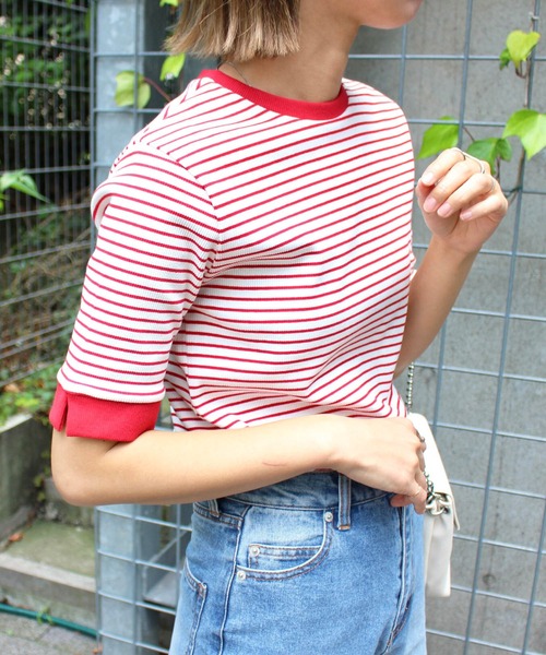 MLI'A(エムリア)の「アソートボーダー半袖トップス(Tシャツ/カットソー・レディース・ホワイト×レッド/ホワイト×グリーン/ホワイト×ブラック/ホワイト×イエロー・M)」の6枚目の写真