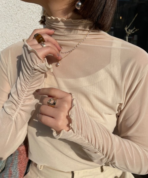 nemne store(ネンネストア)の「【低身長用サイズあり】指空きシアーハイネックロンT(Tシャツ/カットソー・レディース・ブルー/ブラック/アイボリー/ピンク/グリーン・SMALL/MEDIUM)」の7枚目の写真