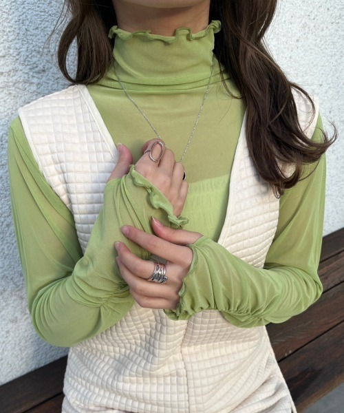 nemne store(ネンネストア)の「【低身長用サイズあり】指空きシアーハイネックロンT(Tシャツ/カットソー・レディース・ブルー/ブラック/アイボリー/ピンク/グリーン・SMALL/MEDIUM)」の17枚目の写真