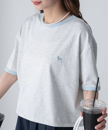 プードル刺繍 配色リンガークロップド半袖Tシャツ