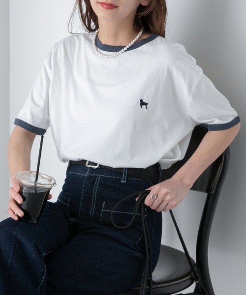 BONLECILL(ボンルシール)の「プードル刺繍 配色リンガークロップド半袖Tシャツ(Tシャツ/カットソー・レディース・オートミール/オフホワイト/チャコールグレー/ライトブルー・FREE)」の2枚目の写真