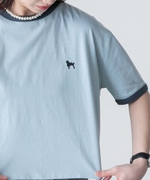 プードル刺繍 配色リンガークロップド半袖Tシャツ