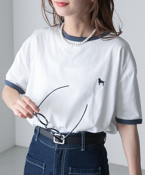 BONLECILL(ボンルシール)の「プードル刺繍 配色リンガークロップド半袖Tシャツ(Tシャツ/カットソー・レディース・オートミール/オフホワイト/チャコールグレー/ライトブルー・FREE)」の22枚目の写真