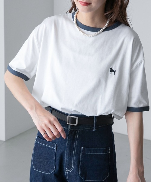 BONLECILL(ボンルシール)の「プードル刺繍 配色リンガークロップド半袖Tシャツ(Tシャツ/カットソー・レディース・オートミール/オフホワイト/チャコールグレー/ライトブルー・FREE)」の15枚目の写真
