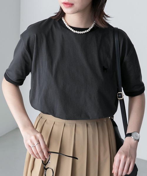 BONLECILL(ボンルシール)の「プードル刺繍 配色リンガークロップド半袖Tシャツ(Tシャツ/カットソー・レディース・オートミール/オフホワイト/チャコールグレー/ライトブルー・FREE)」の10枚目の写真