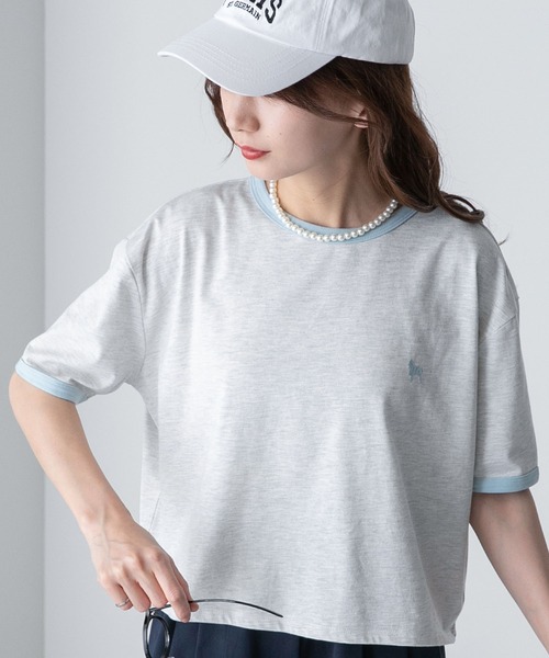 BONLECILL(ボンルシール)の「プードル刺繍 配色リンガークロップド半袖Tシャツ(Tシャツ/カットソー・レディース・オートミール/オフホワイト/チャコールグレー/ライトブルー・FREE)」の17枚目の写真