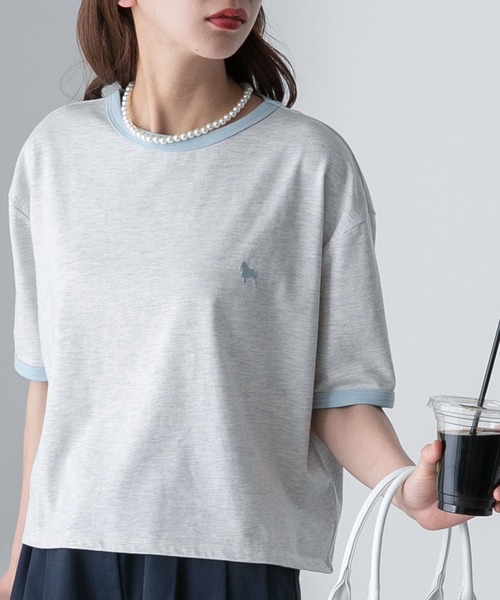 BONLECILL(ボンルシール)の「プードル刺繍 配色リンガークロップド半袖Tシャツ(Tシャツ/カットソー・レディース・オートミール/オフホワイト/チャコールグレー/ライトブルー・FREE)」の11枚目の写真