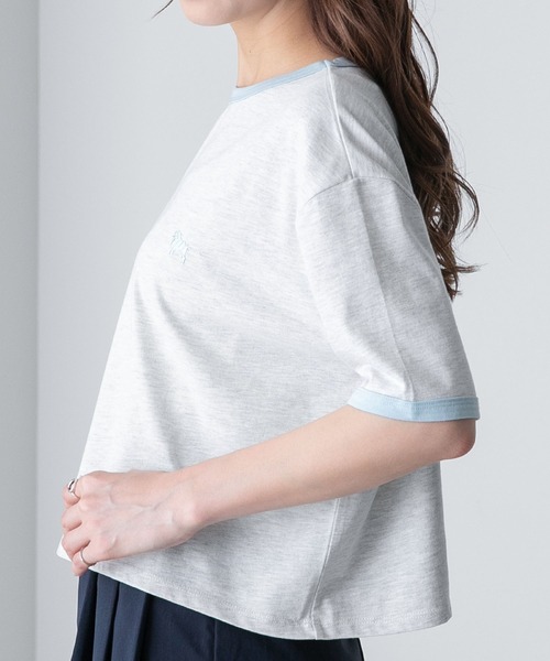 BONLECILL(ボンルシール)の「プードル刺繍 配色リンガークロップド半袖Tシャツ(Tシャツ/カットソー・レディース・オートミール/オフホワイト/チャコールグレー/ライトブルー・FREE)」の12枚目の写真