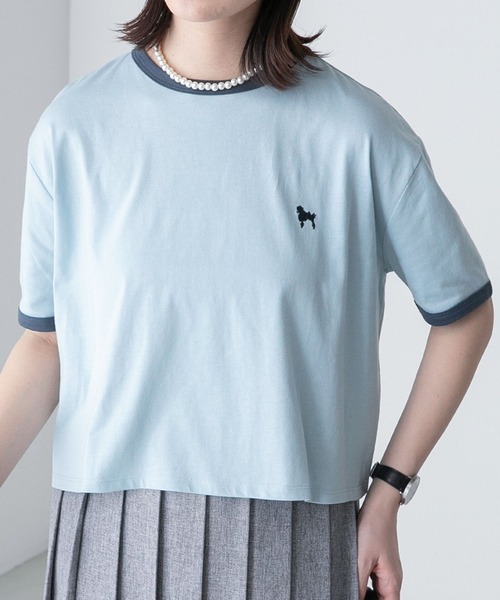 BONLECILL(ボンルシール)の「プードル刺繍 配色リンガークロップド半袖Tシャツ(Tシャツ/カットソー・レディース・オートミール/オフホワイト/チャコールグレー/ライトブルー・FREE)」の18枚目の写真
