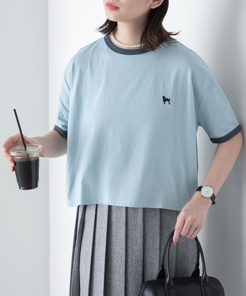 BONLECILL(ボンルシール)の「プードル刺繍 配色リンガークロップド半袖Tシャツ(Tシャツ/カットソー・レディース・オートミール/オフホワイト/チャコールグレー/ライトブルー・FREE)」の19枚目の写真