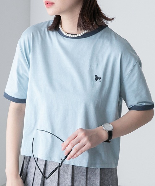 BONLECILL(ボンルシール)の「プードル刺繍 配色リンガークロップド半袖Tシャツ(Tシャツ/カットソー・レディース・オートミール/オフホワイト/チャコールグレー/ライトブルー・FREE)」の7枚目の写真