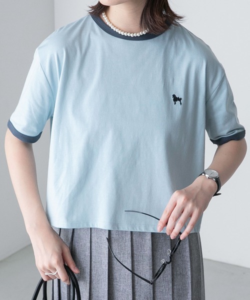 BONLECILL(ボンルシール)の「プードル刺繍 配色リンガークロップド半袖Tシャツ(Tシャツ/カットソー・レディース・オートミール/オフホワイト/チャコールグレー/ライトブルー・FREE)」の6枚目の写真