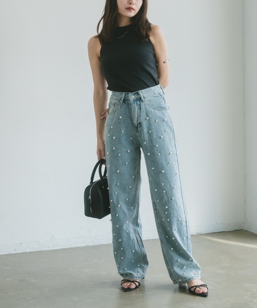 VANNIE U（ヴァニーユー）の「パールセミワイドデニム（デニムパンツ・レディース・ライトブルー・FREE）」の2枚目の写真
