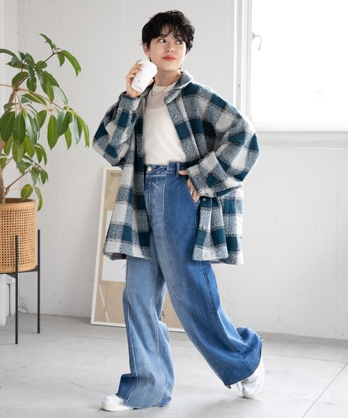 RAGEBLUE(レイジブルー)の「チェックオーバーシャツジャケット(ブルゾン・レディース・ブルー/ダークグレー/グレー×サックスブルー・FREE)」の4枚目の写真