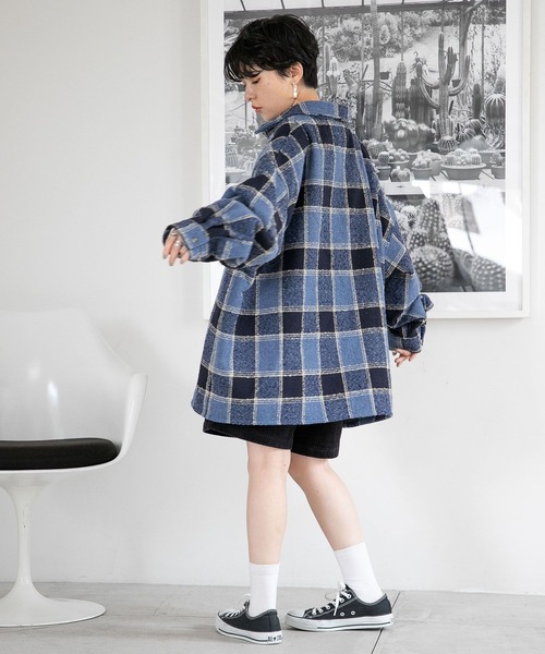 RAGEBLUE(レイジブルー)の「チェックオーバーシャツジャケット(ブルゾン・レディース・ブルー/ダークグレー/グレー×サックスブルー・FREE)」の10枚目の写真