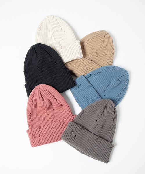 RACAL（ラカル）の「Ripped Cotton Knit Watch / ダメージ加工風編み柄ニットワッチ（ニットキャップ/ビーニー・メンズ・ブラック/ベージュ/ピンク/ブルー/グレー/アイボリー・FREE）」の7枚目の写真