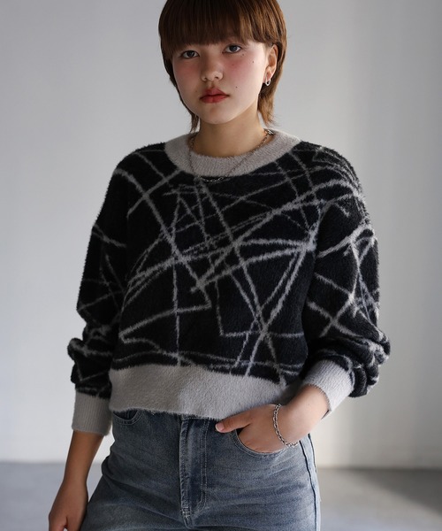 セール】シャギージャガードニュアンスラインニット（ニット/セーター