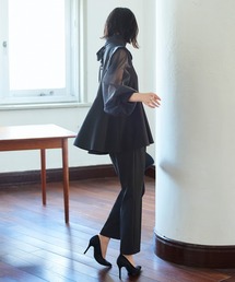 RUIRUE BOUTIQUE（ルイルエブティック）の「【オケージョン対応】オーガンジースリーブタックフレアトップス＆シークレットゴム・スリムテーパードパンツ（ボウタイ付き）　結婚式 お呼ばれ パーティードレス 美脚効果《着用動画あり》（パンツドレス）」