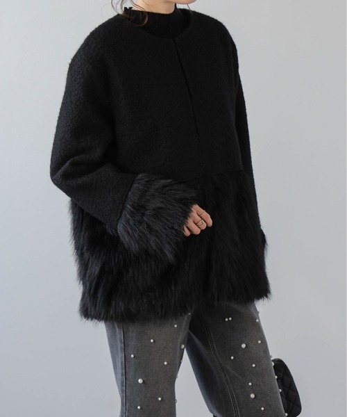 La-gemme（ラジェム）の「ノーカラーエコファーコート（ダウンジャケット/コート・レディース・ベージュ/ブラック/アイボリー・フリー）」の19枚目の写真