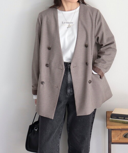 fredy emue（フレディエミュ）の「ノーカラーダブルジャケット（ノーカラージャケット・レディース・ネイビー/ベージュ系その他・38）」の19枚目の写真