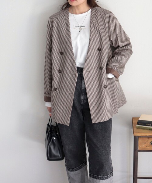 fredy emue（フレディエミュ）の「ノーカラーダブルジャケット（ノーカラージャケット・レディース・ネイビー/ベージュ系その他・38）」の20枚目の写真