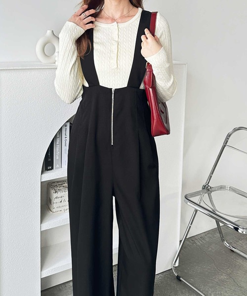 セール】【S-XLサイズ展開】フロントジップハイウエストサロペット