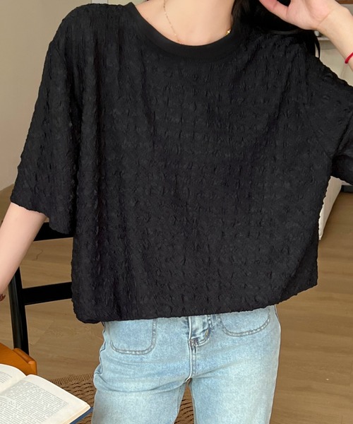 LADY LIKE(レディライク)の「凹凸ファブリックゆったりTシャツ(Tシャツ/カットソー・レディース・ホワイト/ブラック・M)」の5枚目の写真