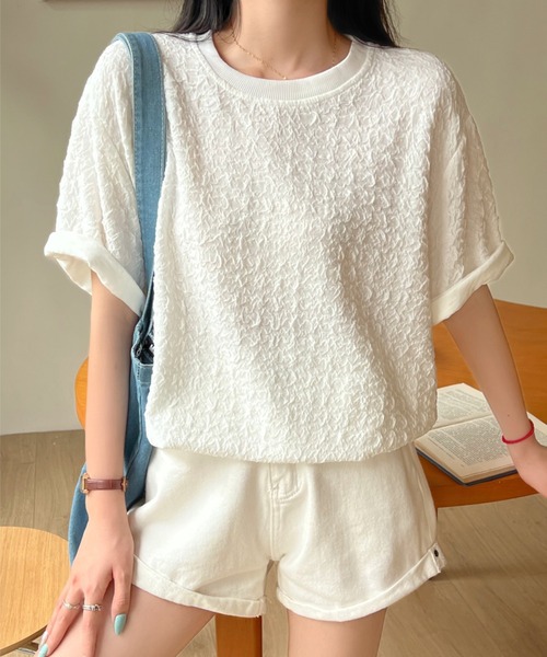 LADY LIKE(レディライク)の「凹凸ファブリックゆったりTシャツ(Tシャツ/カットソー・レディース・ホワイト/ブラック・M)」の13枚目の写真