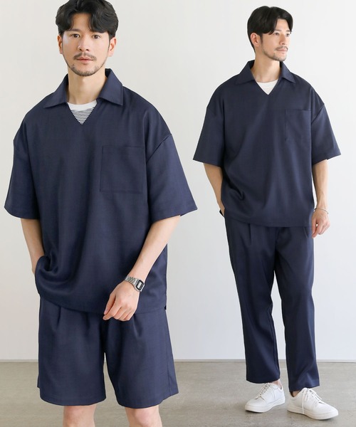 LIL VENDARS(リルヴェンダース)の「Buyer's Select/【3点セットアップ】接触冷感リネンライクスキッパーシャツ&ロングパンツ&ショーツ(Tシャツ/カットソー・メンズ・ブラウン/ブラック/グレー/ネイビー/ブルー・S/XL/L/M)」の1枚目の写真
