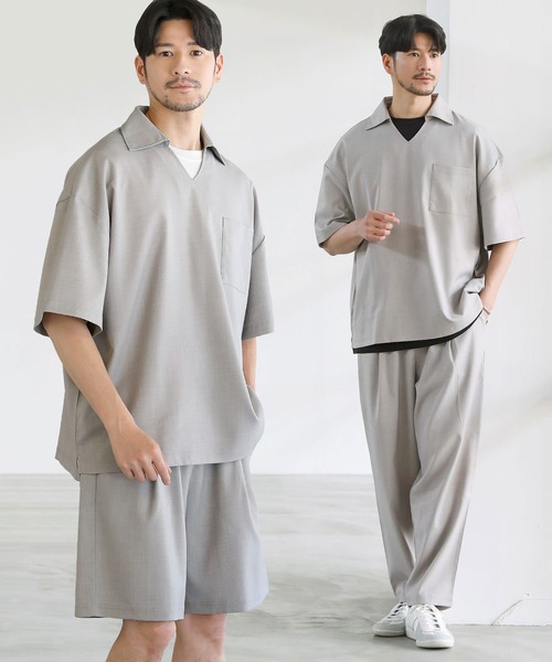 LIL VENDARS(リルヴェンダース)の「Buyer's Select/【3点セットアップ】接触冷感リネンライクスキッパーシャツ&ロングパンツ&ショーツ(Tシャツ/カットソー・メンズ・ブラウン/ブラック/グレー/ネイビー/ブルー・S/XL/L/M)」の3枚目の写真